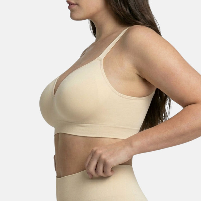 The Infinite Support Bra in Sand, viewed from an angle
